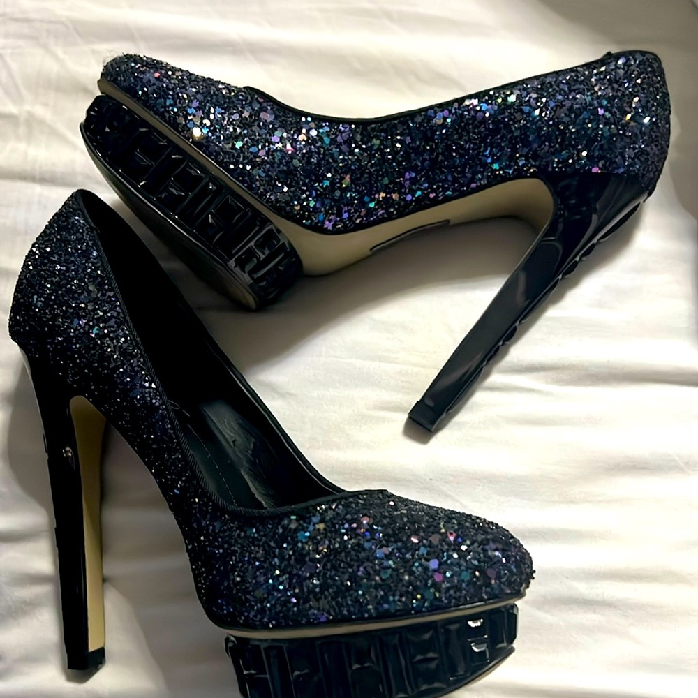 Boutique 9 Purple Glitter and Crystal Embellished Platform Pumps